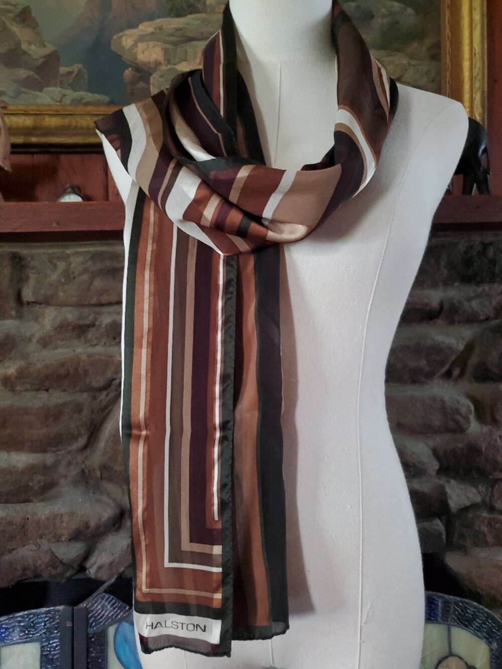 Vtg HALSTON RED Silk Scarf Geometric Stripe Brown Orange Cream Retro 60x13